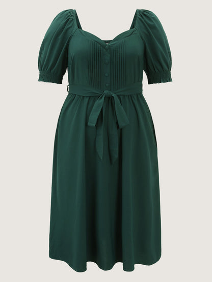 Plicated Detail Sweetheart Neck Pockets Belted Midi Dress