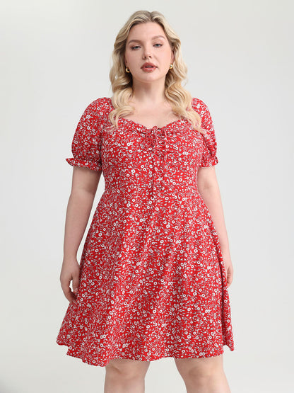 Micro Floral Print Shirred Bow-Tie Mini Dress