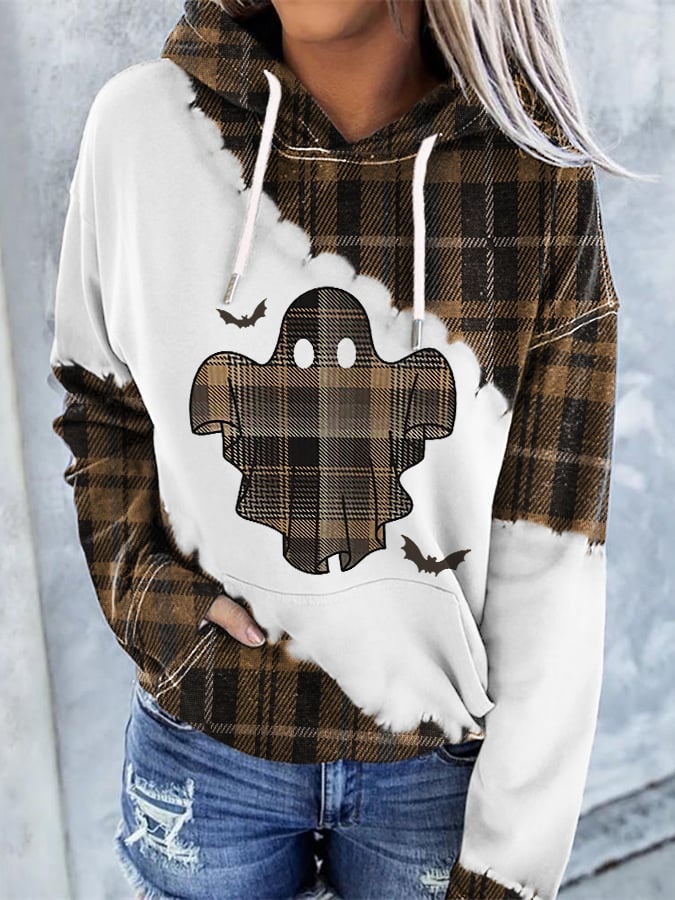 🔥HOT SALE🔥Retro Halloween Ghost & Bats Flannel Plaid Print Hoodie
