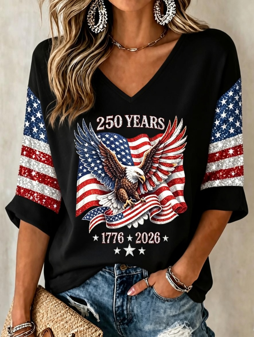 Women'S Retro Independence Day Faith Rose Pattern Casual V-Neck T-Shirt