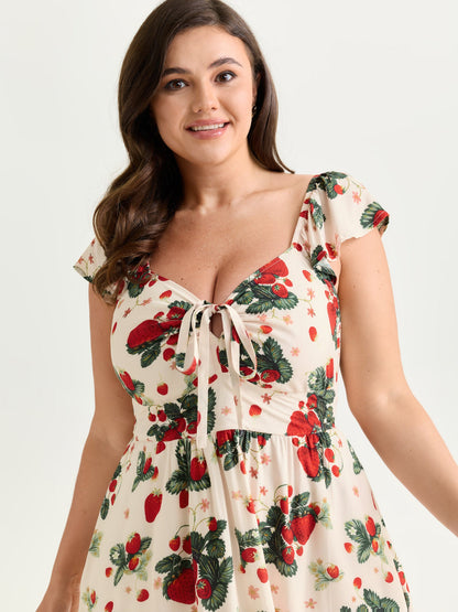 Strawberry Print Ruched Adjustable Bodice Midi Dress
