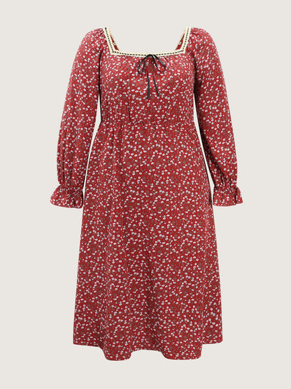 Floral Print Square Neckline Drawstring Midi Dress