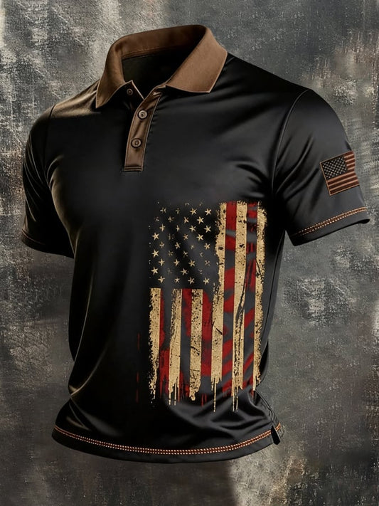 Men's Retro Patriotic Color-Block Short-Sleeve Polo Shirt