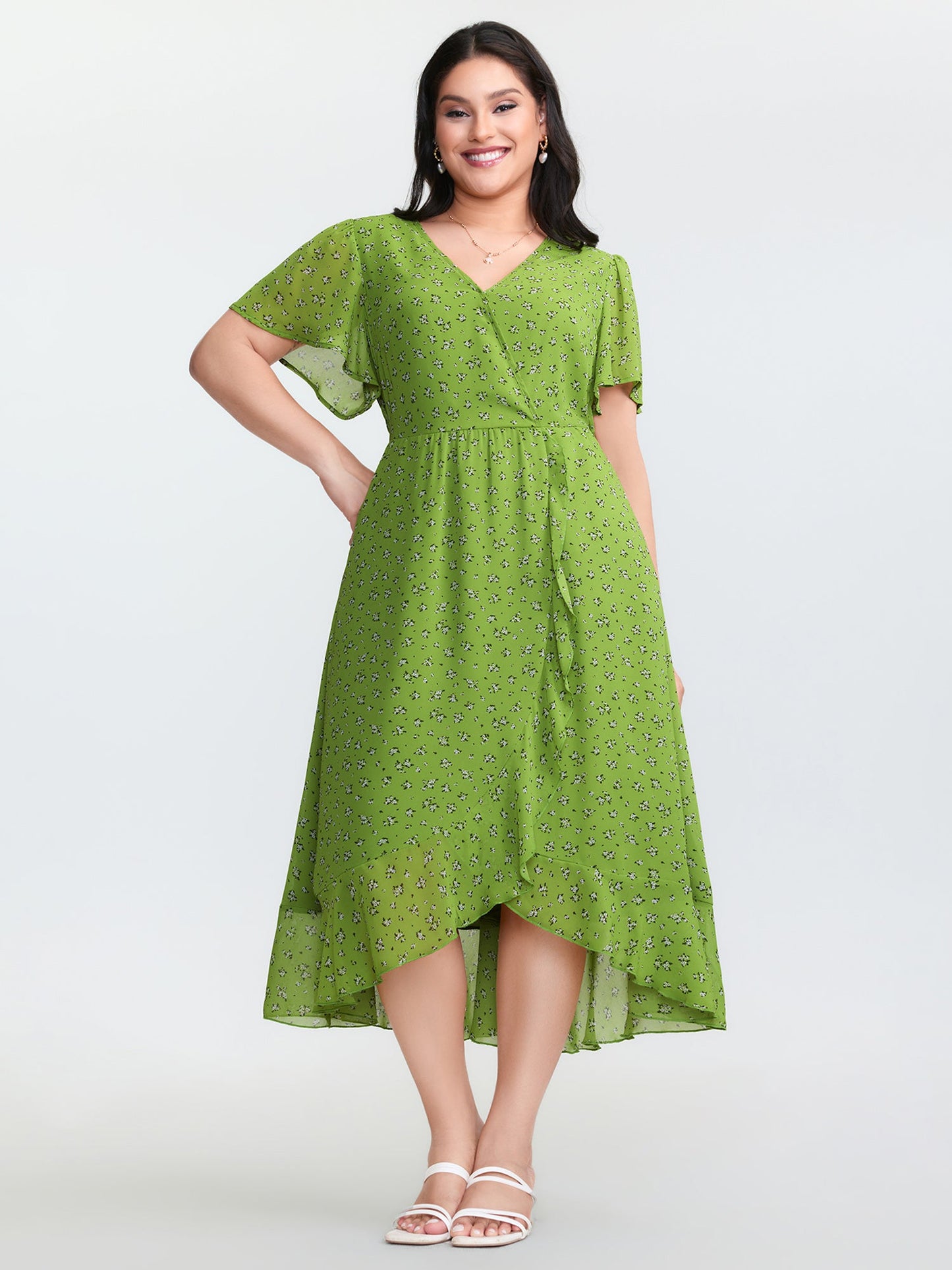 Floral Print Wrap Neck Ruffled Edge Midi Dress