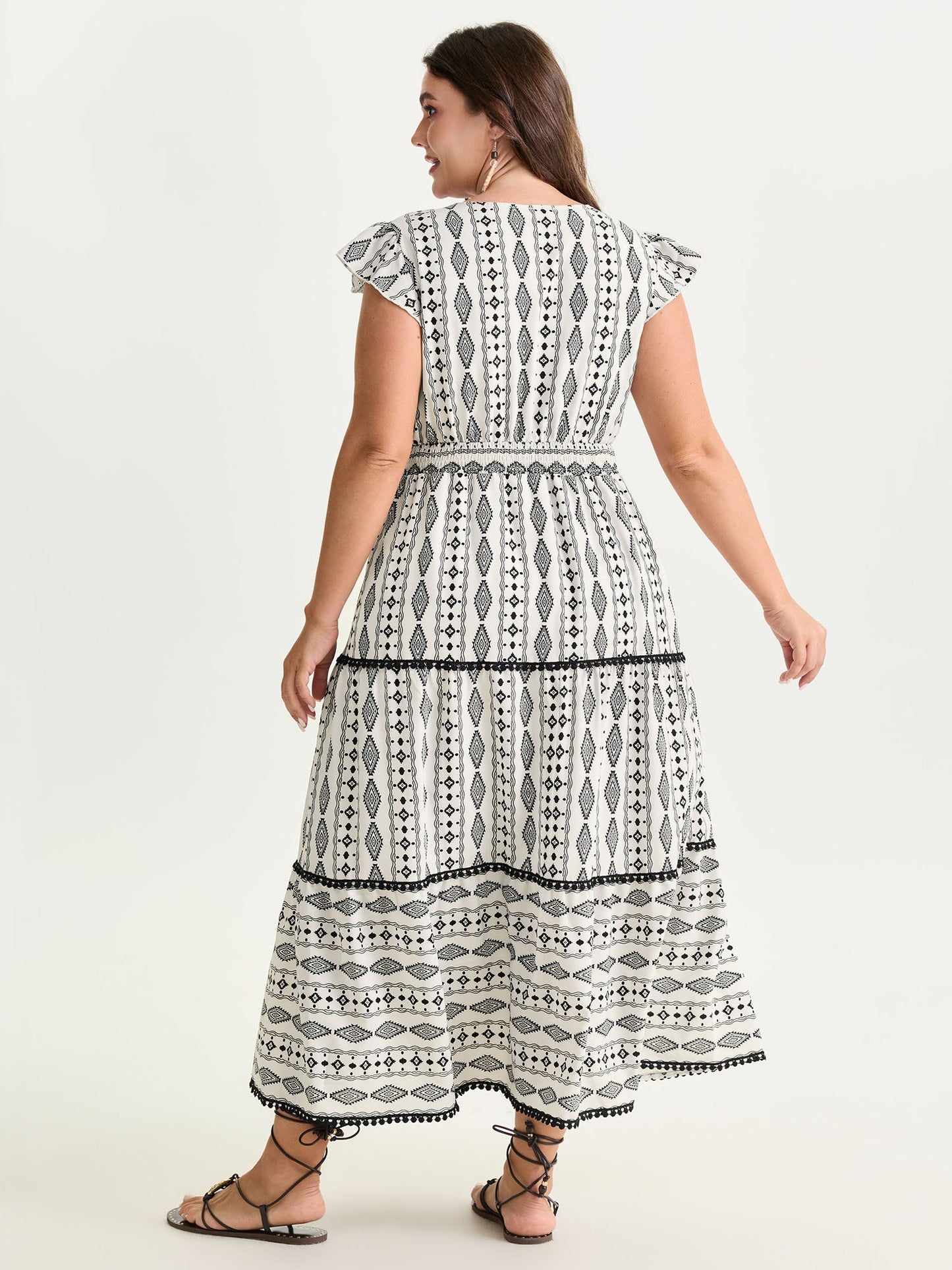 Geometric Print Lace Trim Tiered Maxi Dress