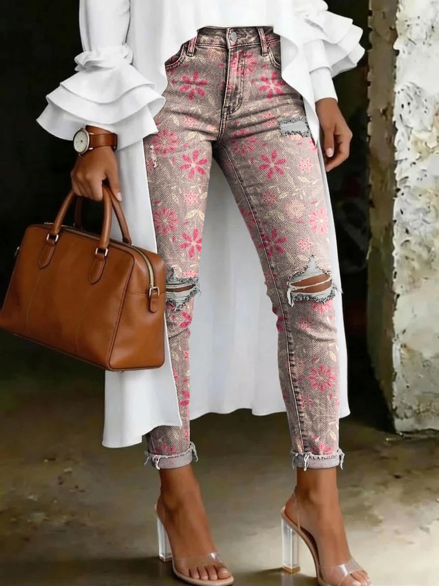 Retro Pink Floral Art Print Casual Ripped Skinny Jeans