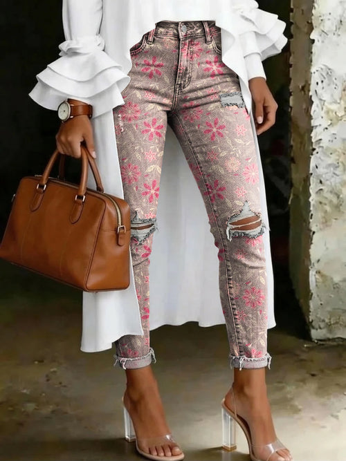 Retro Pink Floral Art Print Casual Ripped Skinny Jeans
