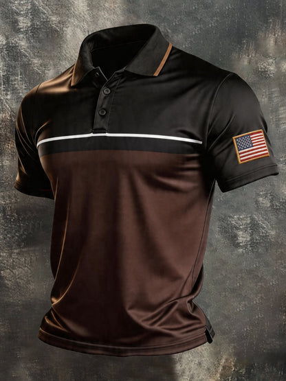 Men's Retro Patriotic Color-Block Short-Sleeve Polo Shirt