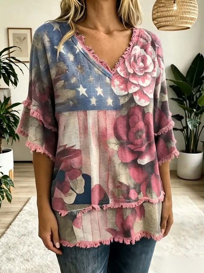Women'S Casual Frayed-Edge Spliced Printed Top