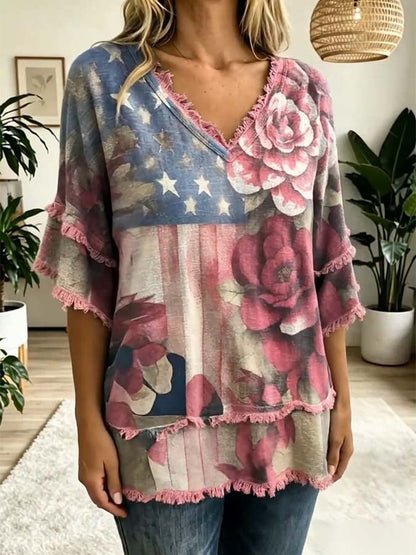 Women'S Casual Frayed-Edge Spliced Printed Top
