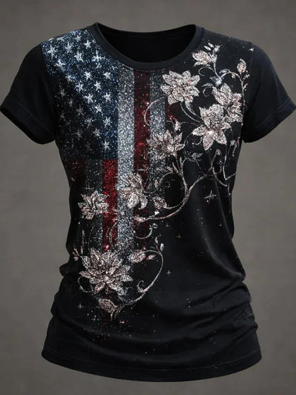 American Flag Silver Flower Rhinestone Print Black Round Neck Short Sleeve T-Shirt