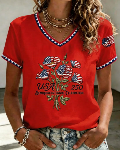250th Anniversary Floral Print V-neck Short Sleeve Tshirt