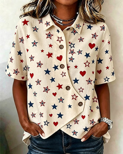 250th Anniversary Star Print Lapel Button-Down Short-Sleeved Shirt