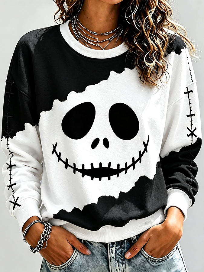 Ladies' Casual Halloween Smiling Round Neck Hooded Sweatshirt