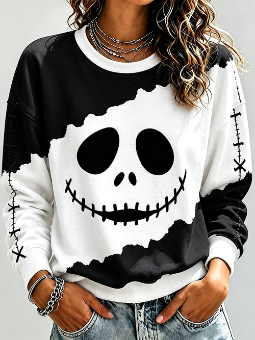 Ladies' Casual Halloween Smiling Round Neck Hooded Sweatshirt