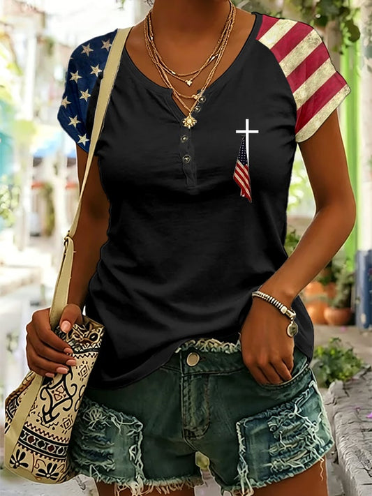 Women's Vintage American Flag Print Button Design Casual T-Shirt