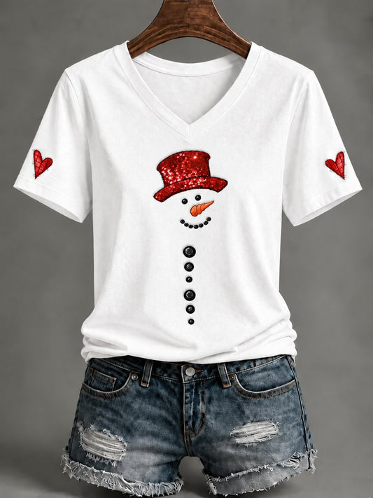 Women's Christmas Snowman Print T-Shirt