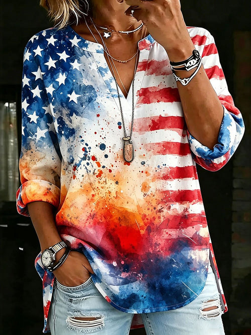 Women's Retro-Art American Flag Crewneck Top with V-Notch