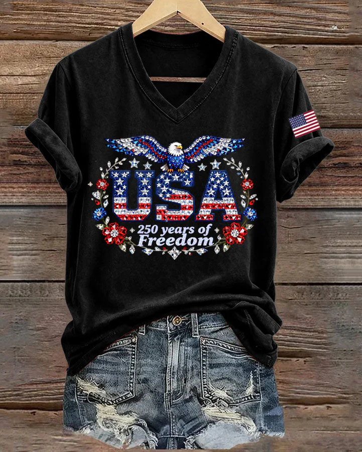 250th Anniversary Eagle Lettering V Neck Short Sleeve Tshirt