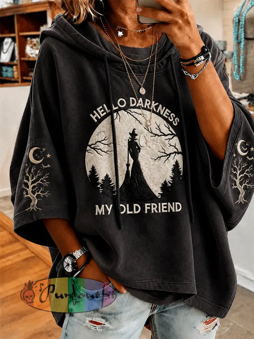 Women’s Funny Halloween Hello Darkness My Old Friend Witch Print Casual Short-Sleeve Hoodie