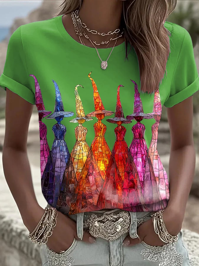 Women's Halloween Printed Round Neck T-Shirt