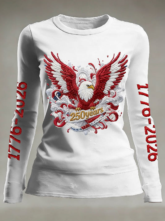Women's casual long-sleeved T-shirt with 250th anniversary national flag and floral print.