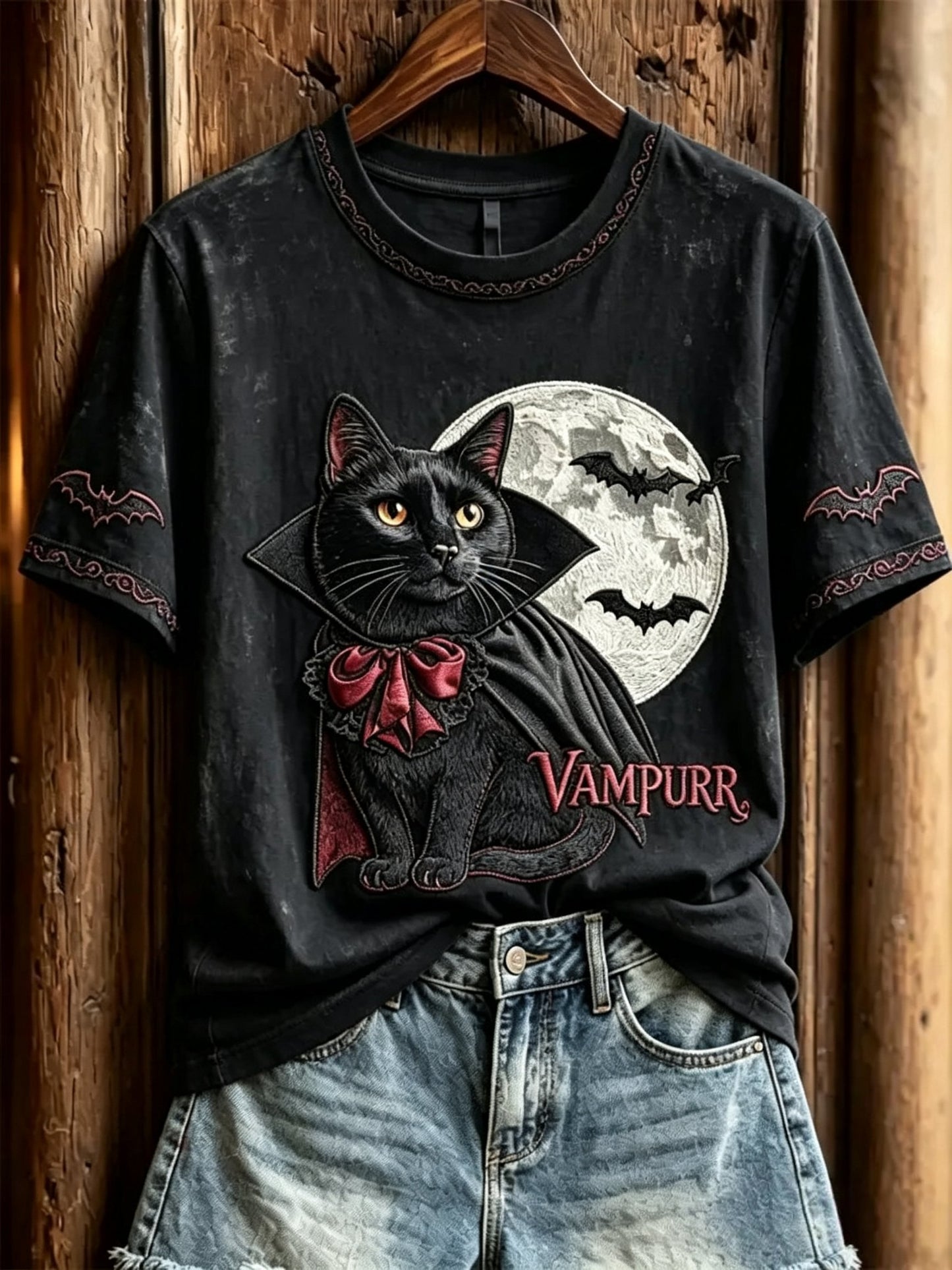 Women's Halloween Vampire Cat Printed T-shirt
