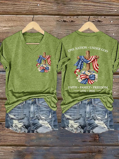 Women's USA 250 Years One Nation Under God Print V Neck T-shirt