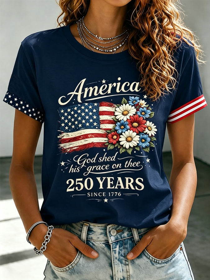 🔥Buy 3 Get 10% Off🔥Women's Floral American Flag Printed Casual T-shirt