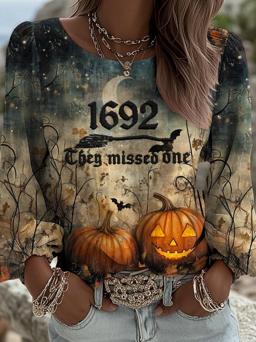 Women's 1692 They Missed One Print Round Neck Long Sleeve Linen Blend Shirt
