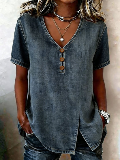 Women's Vintage Washed Denim Short Sleeve V-Neck Henley Shirt