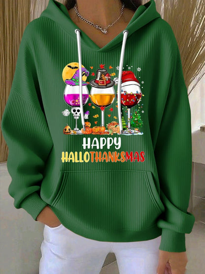 🔥HOT SALE🔥Women'S Happy HalloThanksMas Wine Print Casual Hoodie
