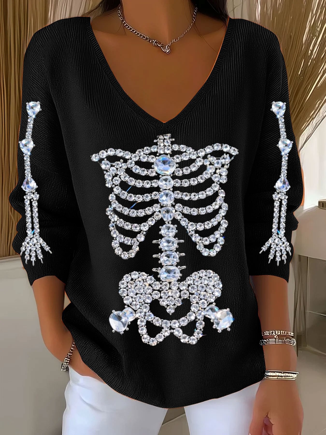 Women's Halloween Diamond Skeleton Print V-Neck T-Shirt