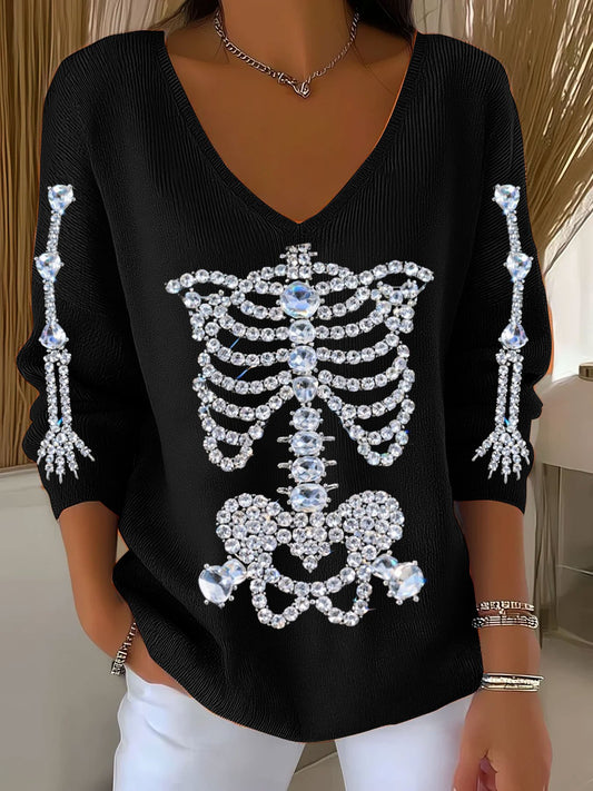 Women's Halloween Diamond Skeleton Print V-Neck T-Shirt