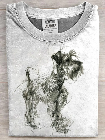 Retro Schnauzer Abstract Art Print Casual Pure Cotton Short Sleeved T-shirt