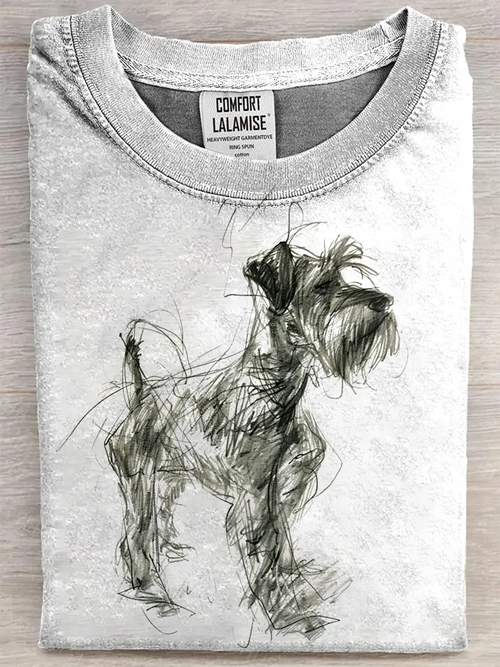 Retro Schnauzer Abstract Art Print Casual Pure Cotton Short Sleeved T-shirt