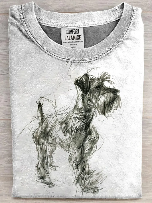 Retro Schnauzer Abstract Art Print Casual Pure Cotton Short Sleeved T-shirt