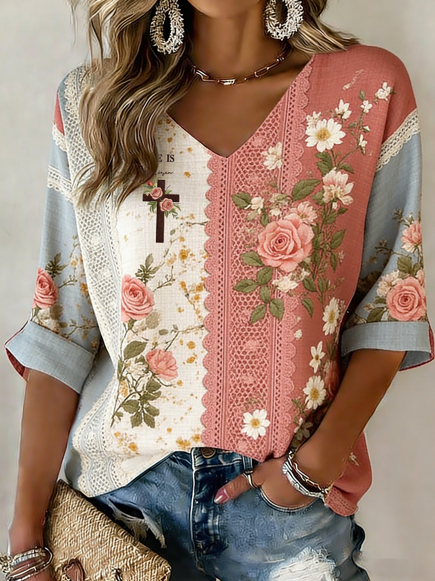 Women's Vintage Floral "Faith" Print V-Neck Top