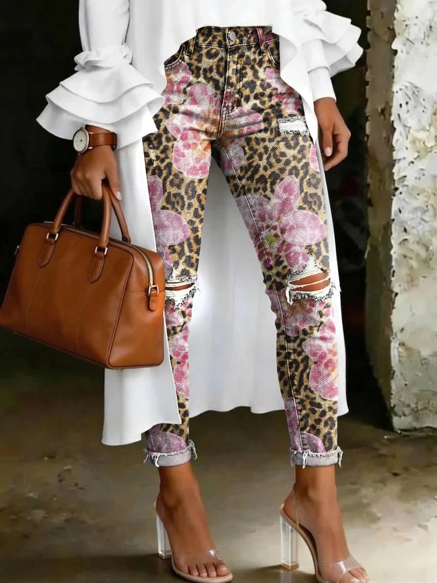 Floral Leopard Print Artistic Print High-waisted Casual Ripped Skinny Jeans