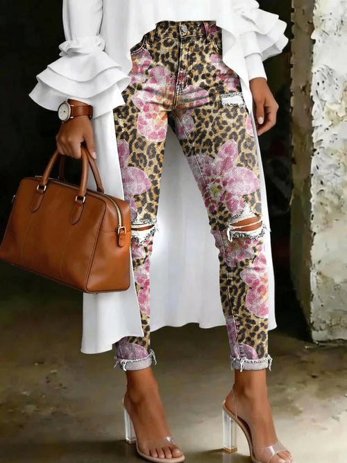 Floral Leopard Print Artistic Print High-waisted Casual Ripped Skinny Jeans