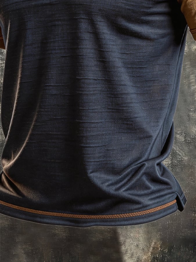 Men's Retro Slub Cotton Color-Block Henley T-Shirt with Stand Collar