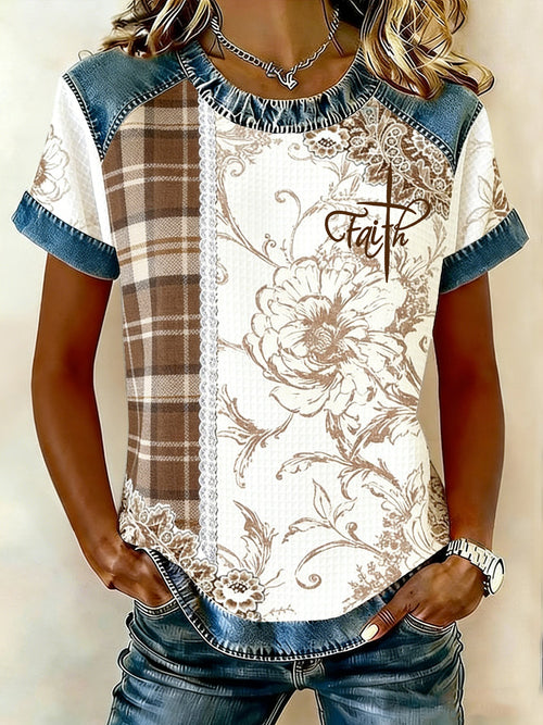 Women's Floral Print Faux Denim Casual Top