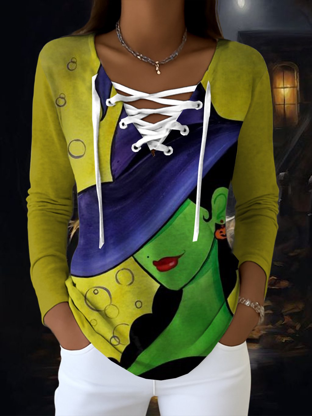 Women's Retro Halloween Witch Print V-Neck Tie Top