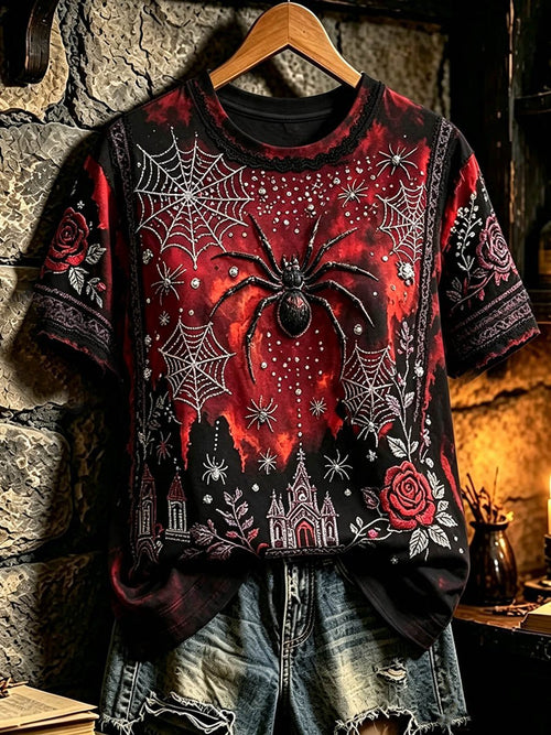 Women's Gothic Spiderweb Red Rose Castle Art Halloween Print Casual T-shirt