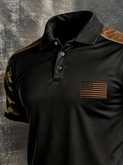 Men's Retro Patriotic Color-Block Short-Sleeve Polo Shirt