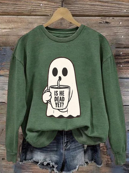 Women's Halloween Is He Dead Yet Ghost Print Casual Sweatshirt