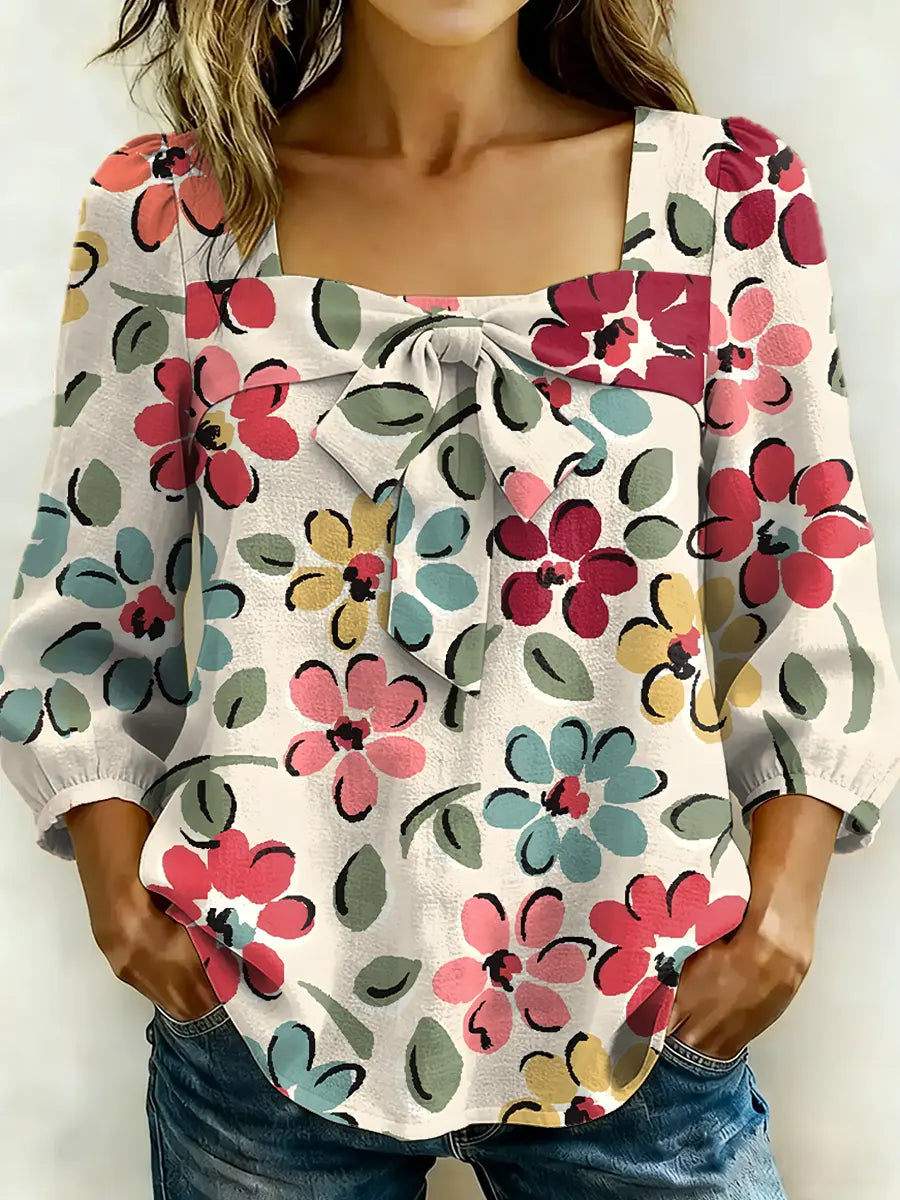 Women's Casual Bow Floral Print Cotton Shirt