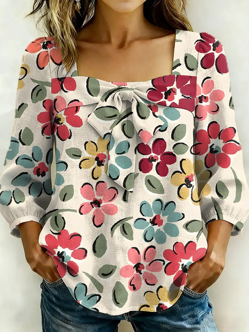 Women's Casual Bow Floral Print Cotton Shirt