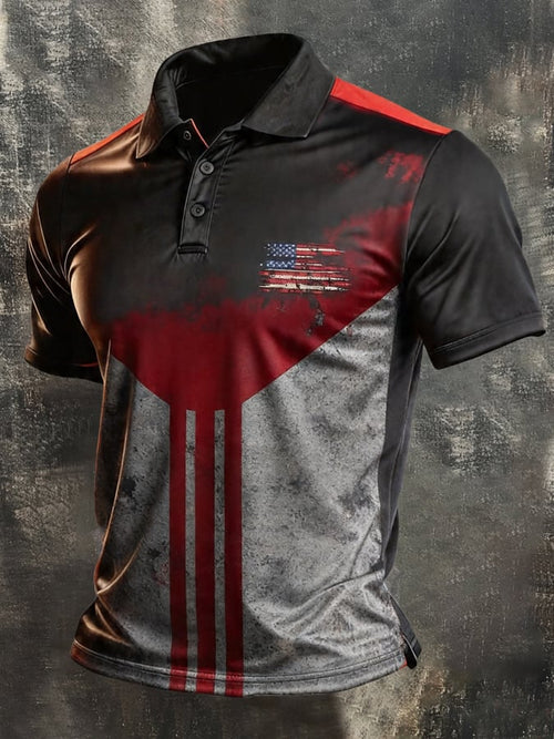 Men's Retro Patriotic Color-Block Short-Sleeve Polo Shirt