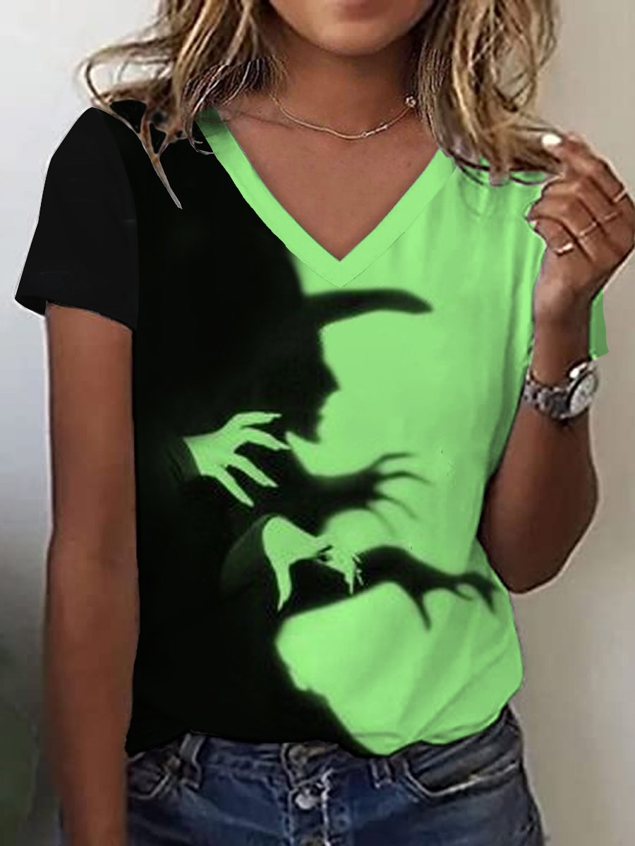 Women's Halloween Witch Shadow Print Casual V-Neck Tee